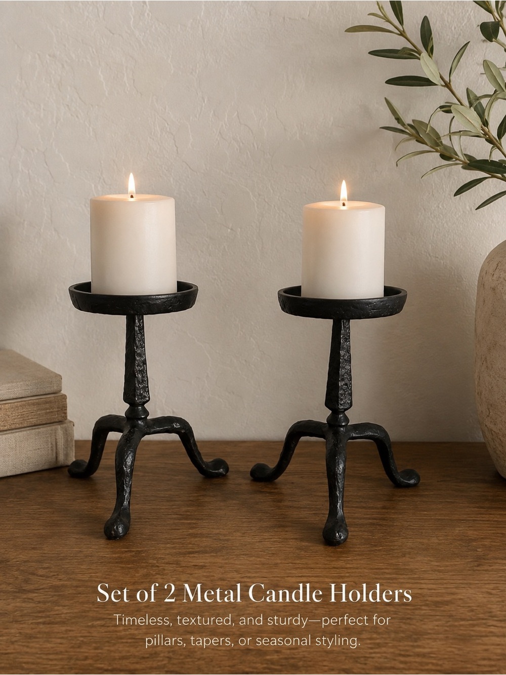 Set of 2 Black Metal Candle Holders - Rustic Home Accents